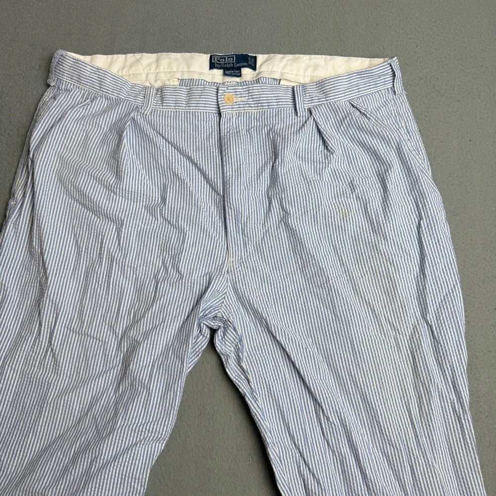 Polo Ralph Lauren Andrew Pant Mens 40x30 Blue White Seersucker Striped Pleated